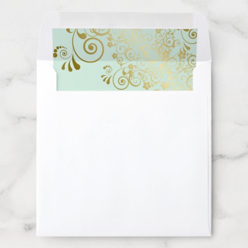 Lacy Curls Gold on Neo Mint Green Wedding Square Envelope Liner