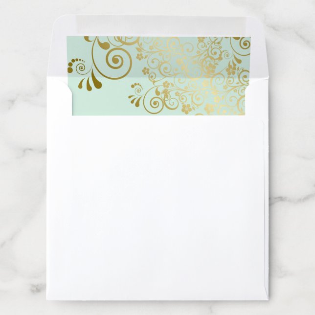Lacy Curls Gold on Neo Mint Green Wedding Square Envelope Liner (In Envelope)