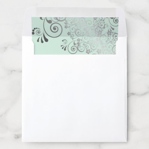 Lacy Curls Silver on Neo Mint Green Wedding Square Envelope Liner