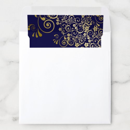 Lacy Curls  Swirls Gold Navy Blue Wedding Square Envelope Liner