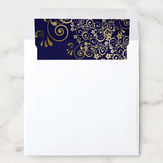 Lacy Curls & Swirls Gold Navy Blue Wedding Square Envelope Liner (In Envelope)