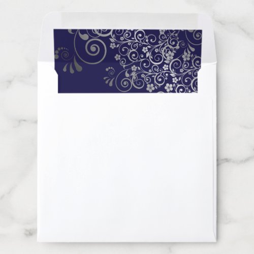 Lacy Curls Swirls Silver Navy Blue Wedding Square Envelope Liner