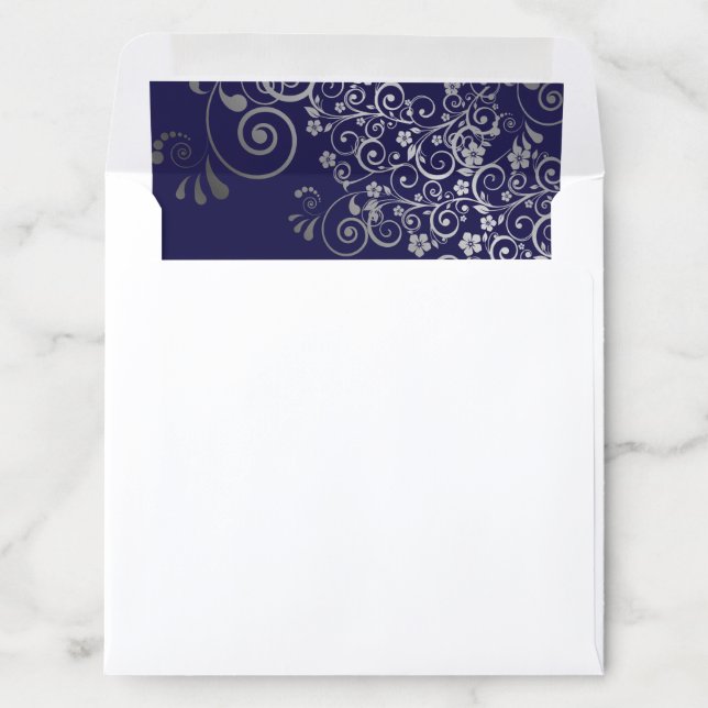 Lacy Curls Swirls Silver Navy Blue Wedding Square Envelope Liner (In Envelope)