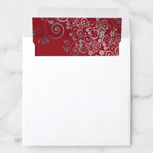 Lacy Curls Swirls Silver  Red Wedding Square Envelope Liner