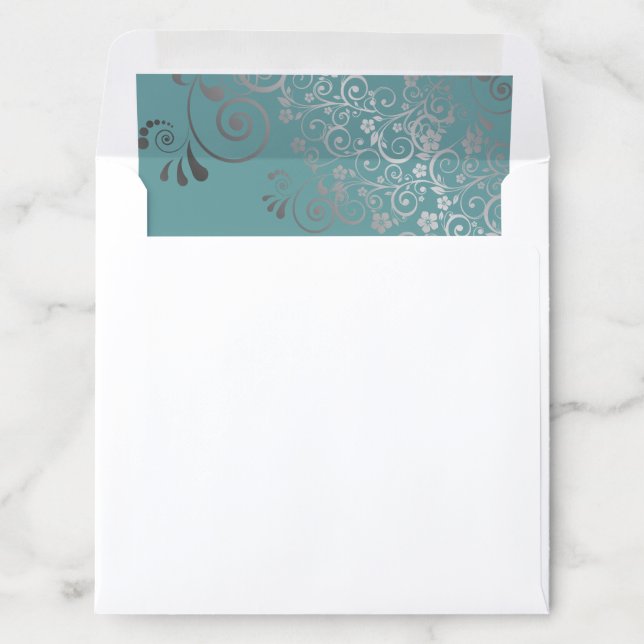 Lacy Curls Swirls Silver & Teal Wedding Square Envelope Liner (In Envelope)