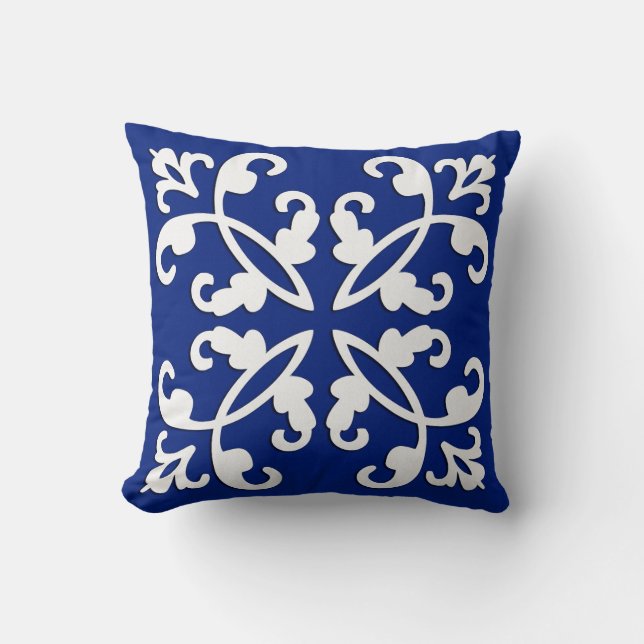Lacy cutwork - white over lapis blue throw pillow (Front)