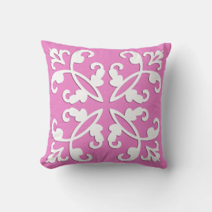 Lacy cutwork - white over orchid pink throw pillow