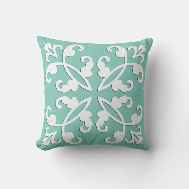Lacy cutwork - white over seafoam green throw pillow (Front)