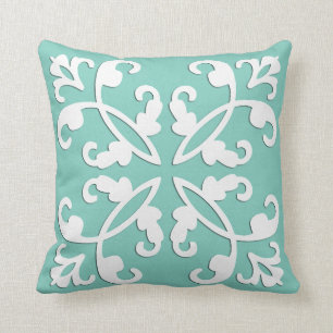 Lacy cutwork - white over seafoam green throw pillow
