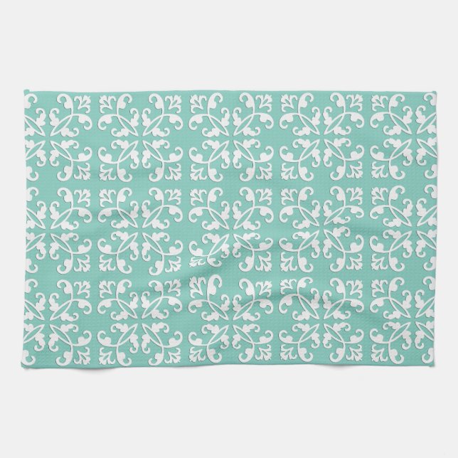 Lacy cutwork - white over seafoam green towel (Horizontal)