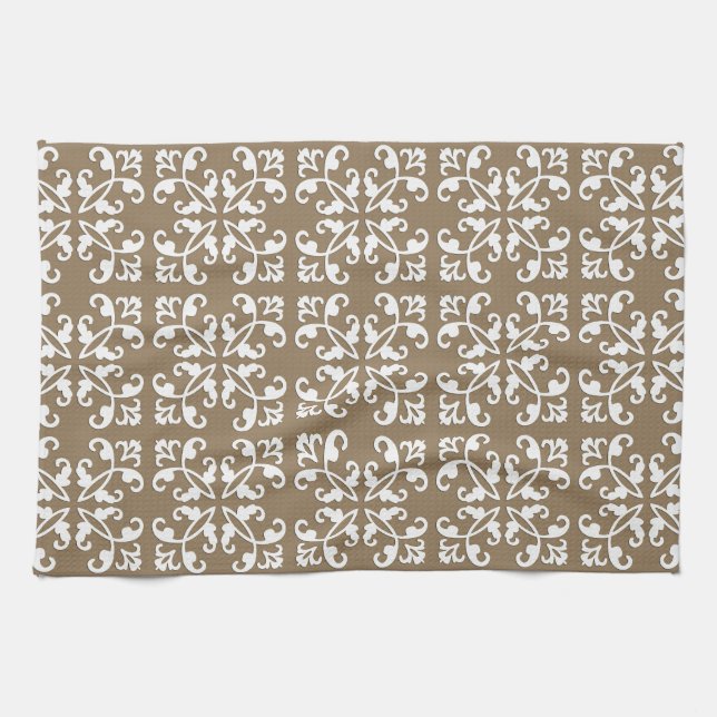 Lacy cutwork - white over taupe tan kitchen towel (Horizontal)