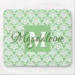 Lacy Damask Feminine Green & White Monogram & Name Mouse Pad<br><div class="desc">This beautiful mouse pad features a classic white damask pattern over a sage green background. The design is personalized with a monogram initial letter as well as a customizable name. Perfect gift for any woman who wants a pretty and feminine mouse pad with a simple yet elegant design.</div>