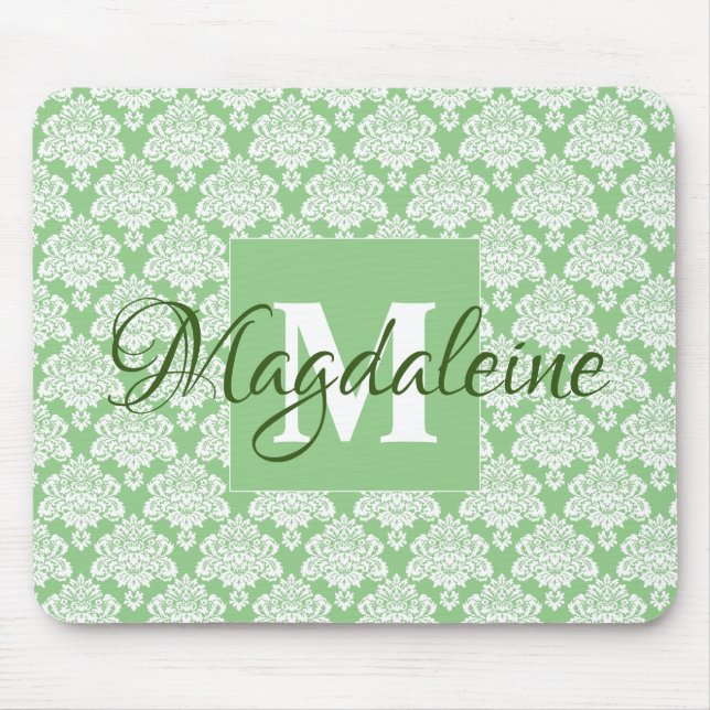 Lacy Damask Feminine Green & White Monogram & Name Mouse Pad (Front)