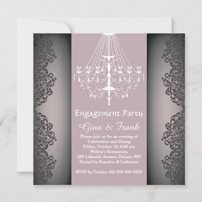 Lacy damask pattern, chandelier Engagement Party Invitation (Front)