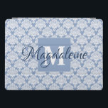 Lacy Dusty Blue Damask Monogram & Name Feminine iPad Pro Cover<br><div class="desc">This beautiful iPad case features a classic white damask pattern over a light blue gray background. The design is personalized with a monogram initial letter as well as a customizable name. Perfect for work or school, or any woman who wants a pretty feminine case with a simple yet elegant design....</div>