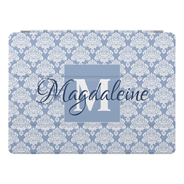 Lacy Dusty Blue Damask Monogram & Name Feminine iPad Pro Cover (Horizontal)