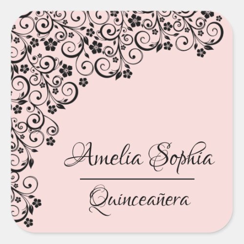 Lacy Elegant Quinceaera Blush Pink and Black Square Sticker