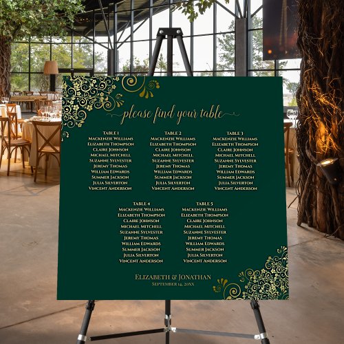 Lacy Emerald  Gold 5 Table Wedding Seating Chart Foam Board