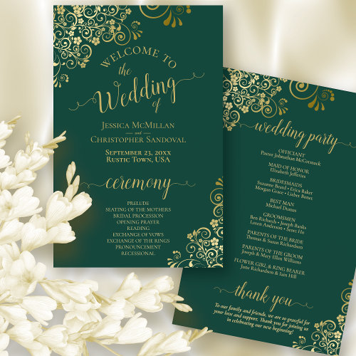 Lacy Emerald Green & Gold Budget Wedding Program