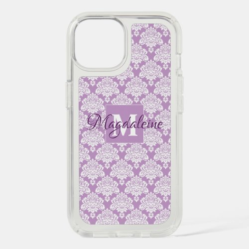 Lacy Feminine Lavender Damask Monogram  Name iPhone 15 Case