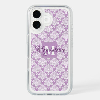 Lacy Feminine Lavender Damask Monogram & Name iPhone 16 Case