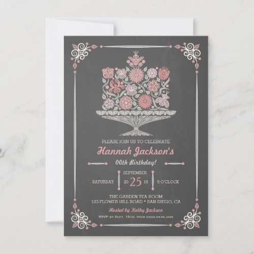 Lacy Flower Birthday Cake Chalkboard Invitation