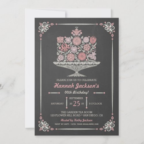 Lacy Flower Birthday Cake Chalkboard Invite 5x7