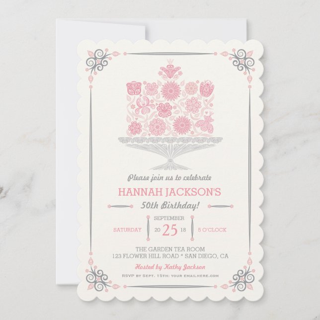 Lacy Flower Birthday Cake Invitation (Front)