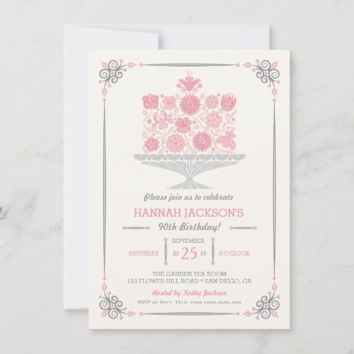 Lacy Flower Birthday Cake Invitation II