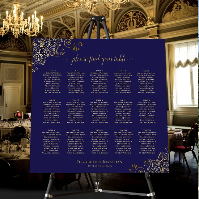 Lacy Gold 15 Table Navy Blue Wedding Seating Chart Foam Board (On Stand at Reception)