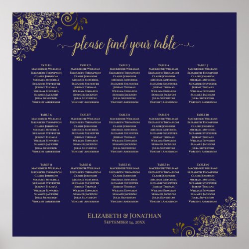 Lacy Gold 15 Table Wedding Seating Chart Navy Blue