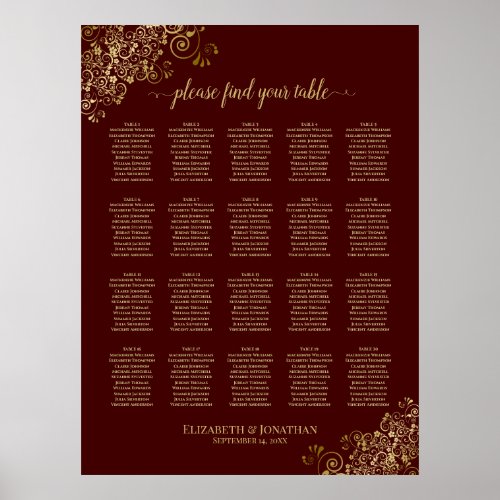 Lacy Gold 20 Table Auburn Wedding Seating Chart