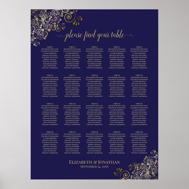 Lacy Gold 20 Table Navy Blue Wedding Seating Chart (Front)
