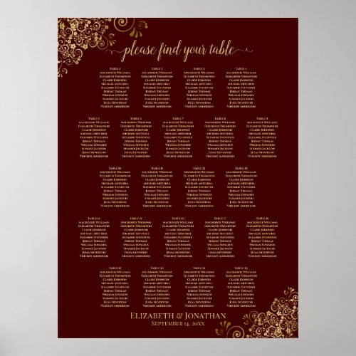 Lacy Gold 22 Table Wedding Seating Chart Brown