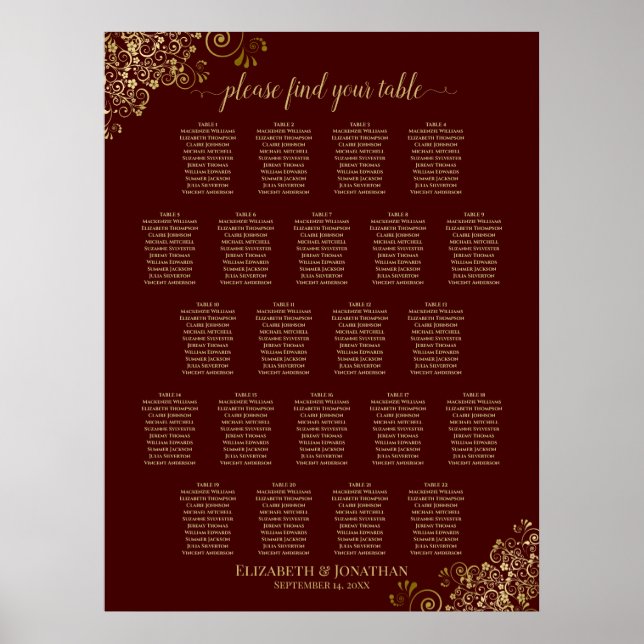 Lacy Gold 22 Table Wedding Seating Chart Brown (Front)
