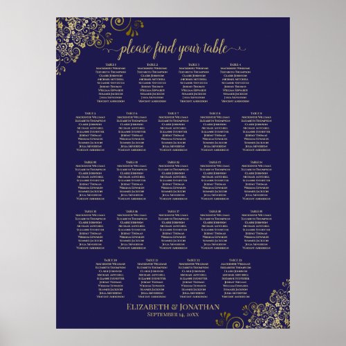 Lacy Gold 23 Table Wedding Seating Chart Navy Blue
