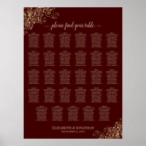 Lacy Gold 29 Table Wedding Seating Chart Auburn