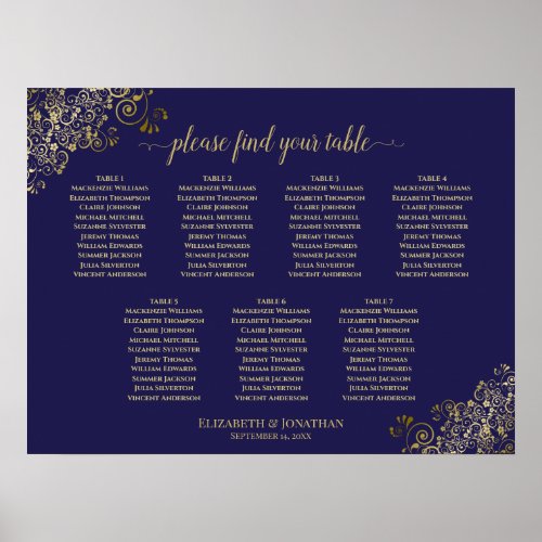 Lacy Gold 7 Table Wedding Seating Chart Navy Blue