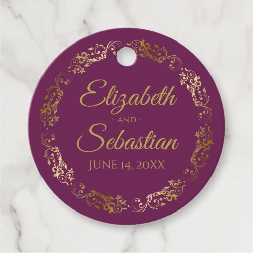 Lacy Gold Border Elegant Cassis Purple Wedding Favor Tags