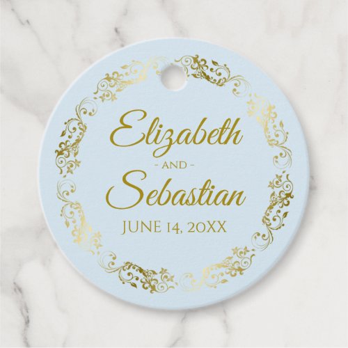 Lacy Gold Border Elegant Powder Blue Wedding Favor Tags