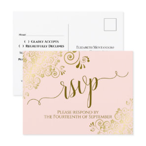 Lacy Gold Calligraphy Blush Pink Wedding RSVP Postcard