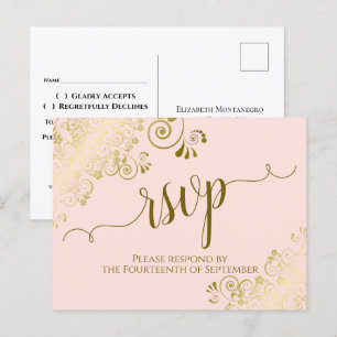 Lacy Gold Calligraphy Blush Pink Wedding RSVP Postcard