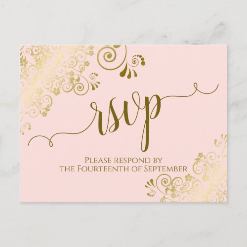 Lacy Gold Calligraphy Blush Pink Wedding RSVP Postcard