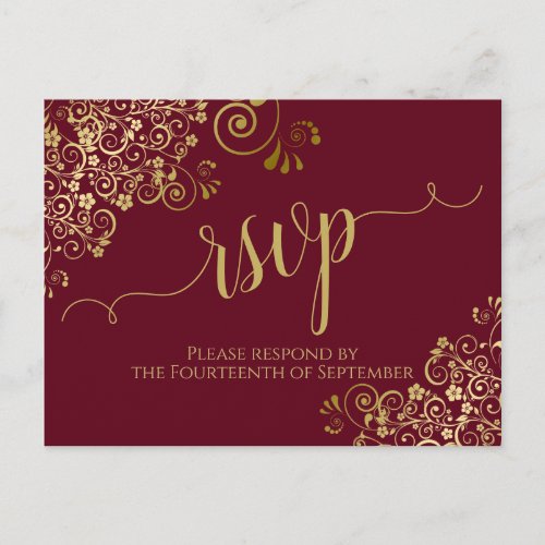 Lacy Gold Calligraphy Burgundy Maroon Wedding RSVP Postcard