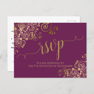 Lacy Gold Calligraphy Cassis Purple Wedding RSVP Postcard