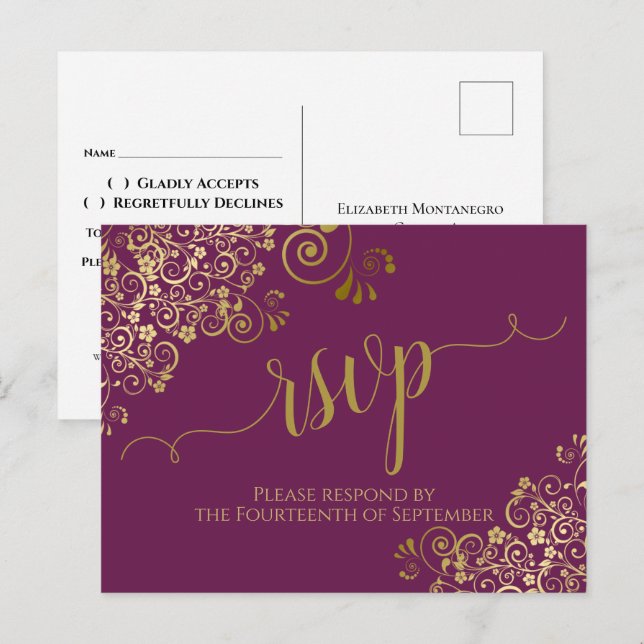 Lacy Gold Calligraphy Cassis Purple Wedding RSVP Postcard (Front/Back)