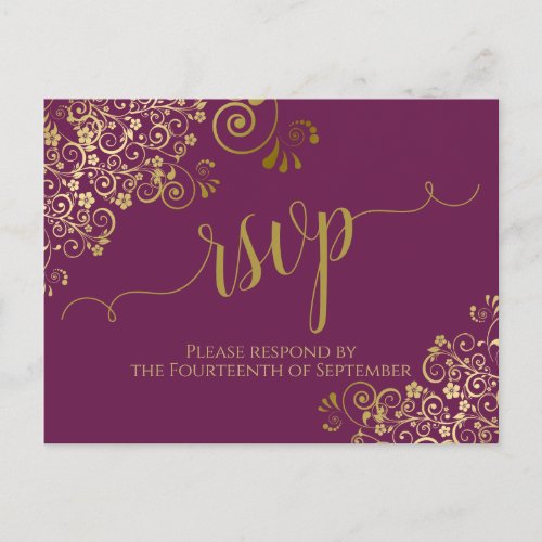 Lacy Gold Calligraphy Cassis Purple Wedding RSVP Postcard