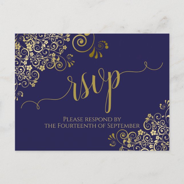 Lacy Gold Calligraphy Chic Navy Blue Wedding RSVP Postcard (Front)