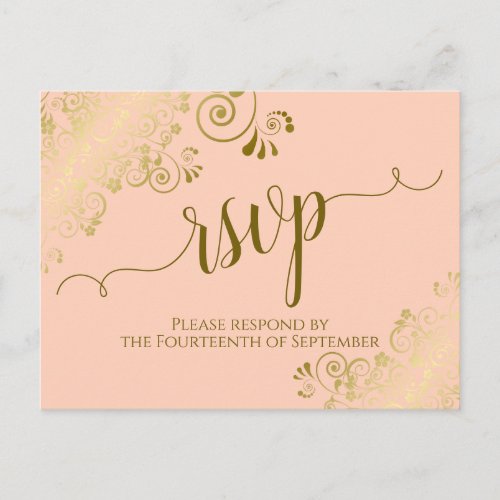 Lacy Gold Calligraphy Coral Peach Wedding RSVP Postcard