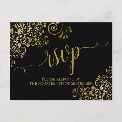 Lacy Gold Calligraphy Elegant Black Wedding RSVP Postcard